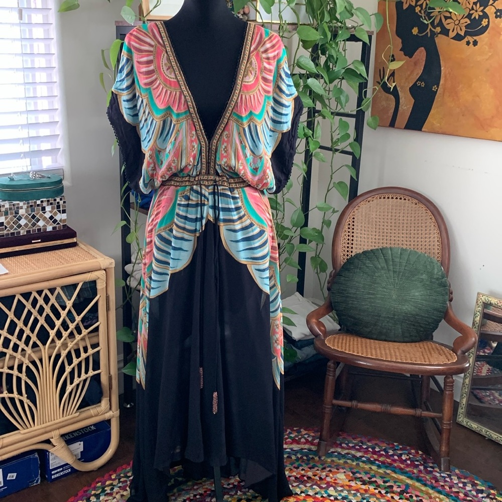 Farm Rio Chiara Black Butterfly Pattern Grecian Flutter Deep V Midi Maxi Dress M